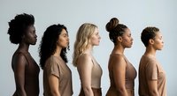 Five diverse women in profile wearing neutral beige tops showcasing different ethnicities and hairstyles for beauty diversity campaigns and inclusive marketing.