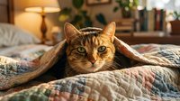 Orange tabby cat peeking out from under cozy blanket on bed in warm sunlit bedroom interior for pet care and comfort concepts.