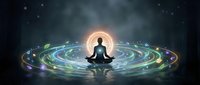 Silhouette of person meditating in lotus position surrounded by glowing energy circles and light effects on dark background for wellness and spirituality.