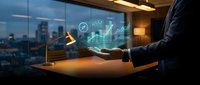 Businessman in dark suit holding glowing holographic financial charts and growth graphs above palm, cityscape visible through office window at dusk for business analytics concepts.