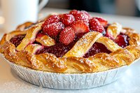 Fresh strawberry pie with golden lattice crust in aluminum tin, topped with glazed whole berries and dusted with powdered sugar, close-up view of homestyle dessert.