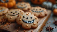 Festive Halloween gingerbread cookies with spooky faces on wooden board. Seasonal baking treats with orange sprinkles for autumn celebrations and parties.