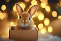 Adorable brown bunny rabbit peeking out of cardboard box against warm golden bokeh lights background, creating magical holiday atmosphere and festive mood.