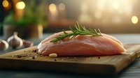 Raw chicken breast fillet with fresh rosemary, garlic, and peppercorns on wooden cutting board against blurred kitchen background with warm bokeh lights.