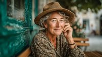 Thoughtful senior woman with gray hair wearing straw hat sitting outdoors at cafe, hand on chin in contemplative pose, warm natural lighting, lifestyle portrait.