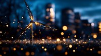 Glowing windmill silhouette against blurred city lights at dusk, with magical sparkles and bokeh effects creating dreamy atmospheric scene. Suitable for environmental themes.