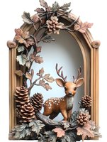 Autumn woodland deer figurine in decorative frame with pinecones and fall leaves for seasonal home decor and rustic interior design projects.