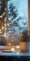 Glowing geometric network visualization over cozy home office desk with warm fairy lights, plant in ceramic pot, and soft evening atmosphere through window.