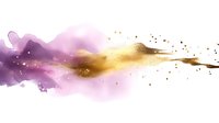 Abstract watercolor splash in purple and gold with flowing paint texture and scattered sparkles on white background, artistic fluid design element.