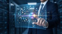Businessman touching holographic AI interface with neural network connections in modern data center for artificial intelligence technology concepts.
