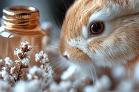 Curious ginger rabbit sniffing delicate white flowers with glass jar in soft focus background, macro photography with shallow depth of field and warm tones.