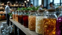 Glass jars filled with colorful fermented vegetables, kombucha, and pickled foods lined up on wooden shelf in modern kitchen, fresh herbs garnish tops of preserves.
