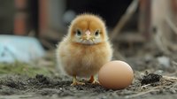 Adorable fluffy yellow baby chick standing next to brown egg on natural soil background, showing new life and spring farming concept with shallow depth of field.