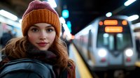 Young Caucasian woman with red hair wearing winter knit beanie and coat waiting at subway platform with approaching train in background, urban night transportation scene.