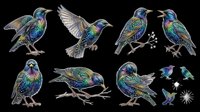 Iridescent starling birds set isolated on transparent background, ready for t-shirt design, stickers, clipart, sublimation, and print on demand projects.
