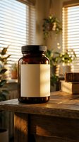 Amber glass supplement bottle with blank label on wooden table in warm sunlit room with plants and natural lighting for health product mockup.