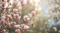 Delicate pink magnolia blossoms bloom on branches with soft bokeh background, capturing spring renewal and nature's elegance for seasonal and botanical design projects.
