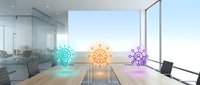Glowing lightbulb icons in cyan, gold, and purple float above wooden conference table in modern office with floor-to-ceiling windows, representing innovation and creative business ideas.