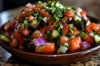 Fresh Mediterranean salad with diced tomatoes, red onions, cucumbers, and chopped herbs in rustic ceramic bowl, close up view of traditional appetizer.