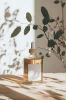 Glass dropper bottle with blank label in sunlight casting leaf shadows on beige background, minimal aesthetic composition for cosmetic and wellness products.