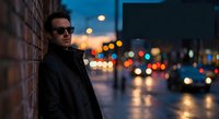Stylish man in sunglasses and black jacket standing on wet city street at dusk with blurred traffic lights and urban bokeh background for lifestyle content.