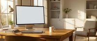 Modern home office workspace with blank computer monitor on wooden desk in bright sunlit room with white chair and shelving for remote work productivity.