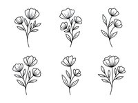 Minimalist line art floral stems with delicate petals and leaves, isolated on white background. Perfect for botanical designs, wedding invitations, and decorative projects.