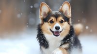 Happy Welsh Corgi dog portrait in winter snow with natural bokeh background, smiling expression and alert ears, black and tan tricolor coat in outdoor setting.