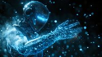 Glowing blue digital figure dissolving into particles against dark background, representing artificial intelligence and technological transformation.