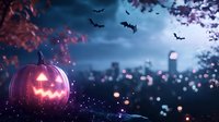 Glowing carved pumpkin with spooky face against dark cityscape background with flying bats, full moon, and magical sparkles creating Halloween atmosphere.