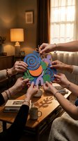 Multiple hands holding colorful geometric puzzle pieces together in warm living room setting, symbolizing teamwork, collaboration, and unity in business or community projects.