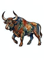 Ornamental bull with decorative tribal patterns and long curved horns, isolated on white background. Suitable for t-shirt design, clipart, and graphic applications.