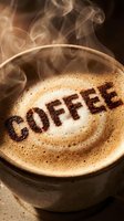 Steaming hot latte with coffee word written in cocoa powder on frothy foam surface, rising steam, warm tones, cozy cafe atmosphere.