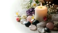 Spa wellness composition with burning candle, healing crystals, gemstones and fresh flowers on white wooden background for relaxation and meditation.