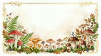 Autumn forest floor border with mushrooms, ferns, berries and fallen leaves on cream background. Seasonal botanical frame for greeting cards and designs.