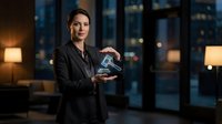 Businesswoman holding award trophy in modern office at night with city skyline view, celebrating professional achievement and success.