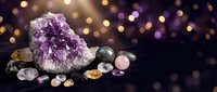 Amethyst crystal cluster surrounded by healing gemstones on dark velvet with golden bokeh lights, spiritual wellness and meditation concept.