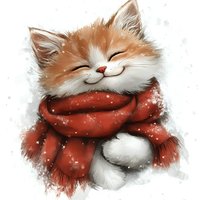 Smiling ginger and white cat wrapped in cozy red winter scarf with snow falling, artistic illustration style for seasonal greeting cards and holiday designs.