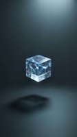 Transparent ice cube with frozen water droplets suspended inside, casting shadow on dark surface, suitable for beverage, cooling, and refreshment concepts.
