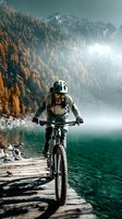 Mountain biker riding on wooden dock beside turquoise alpine lake with autumn forest and snow-capped peaks in golden sunlight for outdoor adventure sports.
