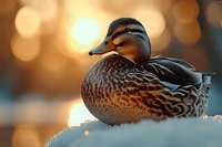Female mallard duck resting on fresh snow at sunset with golden bokeh background, close up nature photography showing detailed feather patterns and warm lighting.