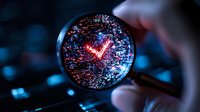 Magnifying glass revealing digital network with glowing red checkmark symbol against dark background with blue bokeh lights, cybersecurity concept.