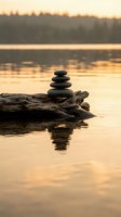 Balanced stone stack on driftwood by calm lake at golden sunset creating peaceful zen meditation scene with warm reflections in still water.