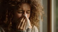 Young woman with curly hair blowing nose into tissue, showing symptoms of cold or seasonal allergies near window with natural light.