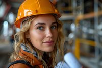 Young female construction engineer in orange hard hat and safety vest smiling confidently at industrial site while holding blueprints, showcasing women in STEM careers.