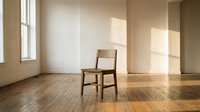 Minimalist wooden chair in empty room with natural sunlight streaming through windows creating warm shadows on hardwood floor for interior design concepts.