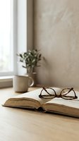 Open book with eyeglasses on wooden desk near window, potted plant and beige wall. Suitable for education, reading, learning, and study concepts.
