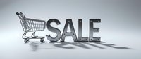 Metallic SALE letters with a chrome shopping cart on a light background, conveying retail discount and shopping promotion concepts.