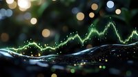Glowing green financial chart line with bokeh lights and wave effect on dark background, modern business analytics visualization for finance.