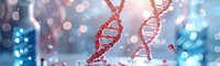 Red DNA double helix structure floating in blue scientific background with bokeh lights and laboratory glassware for genetic research and biotechnology.